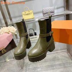 Thick Chunky Ankle Boots Splicing Belt Buckle Black Green White Real Leather Elastic Band Luxury Brand Women Shoes Slip On