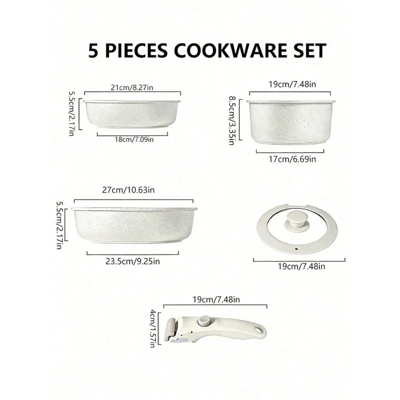 Soft Cream 5‑Piece Cookware Set With Detachable Lock‑Style Handles, Space‑Saving Nestable Design For Cabinet, Multi‑Purpose Pots For Frying Boiling Braising, Modern Open Kitchen Matching And Small Family Daily Use