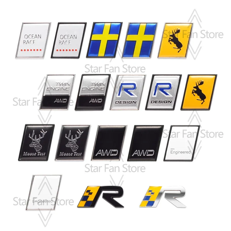 Metal For Volvo TWIN ENGINE OCEAN RACE Engineered Moose Test R Design Sweden Flag Badge 3D Stickers Car Trunk Body Emblem Decal