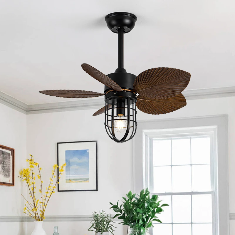 American Industrial Leaf Fan Light, Ceiling Fan for Living Room, Bedroom, Balcony, Frequency Conversion, Small Size