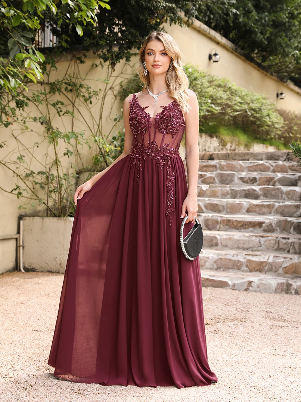 Burgundy 3D Flowers Lace Beads Women Maxi Dress Luxury Stones Female Dresses Long Elegant Formal Evening Party Dress