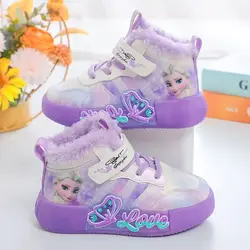 Disney Girls Casual Shoes Autumn Winter Kids  Sports Shoes Frozen Elsa Princess Girls High Top Plus velvet Warm Sneakers 25-36