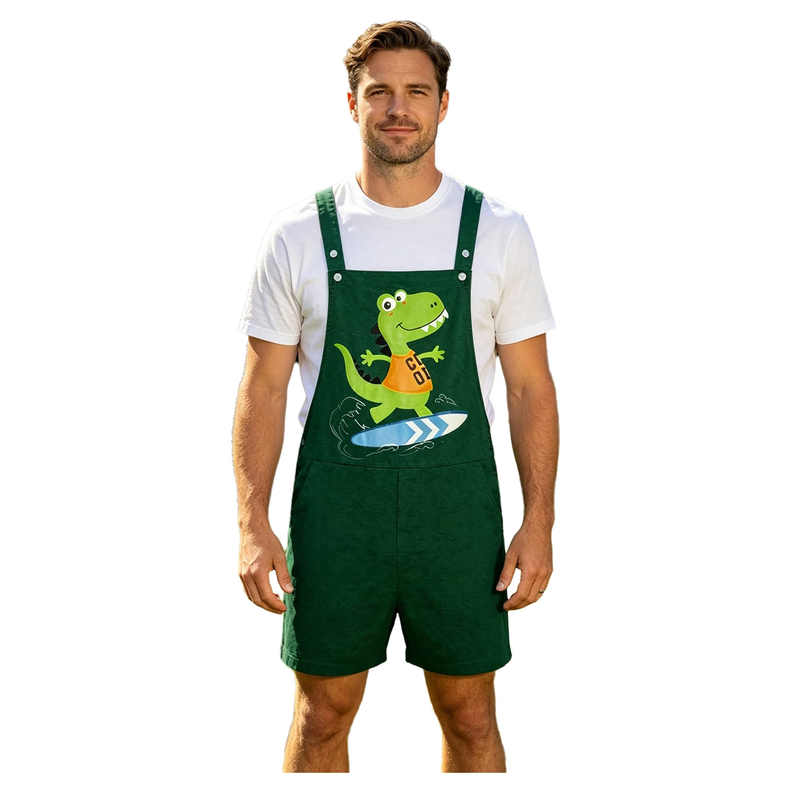 

Men Cartoon Dinosaur Printed Overalls Pajamas Color Blocking Pockets Straps Bib Shorts Rompers Sleepwear Daily Loose Jumpsuit