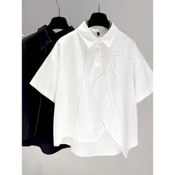 Irregular Design Blouse Women Fashion Loose Niche Shirt 100% Cotton Casual Short Sleeve Half Buckle Pullover Shirts Summer Thin