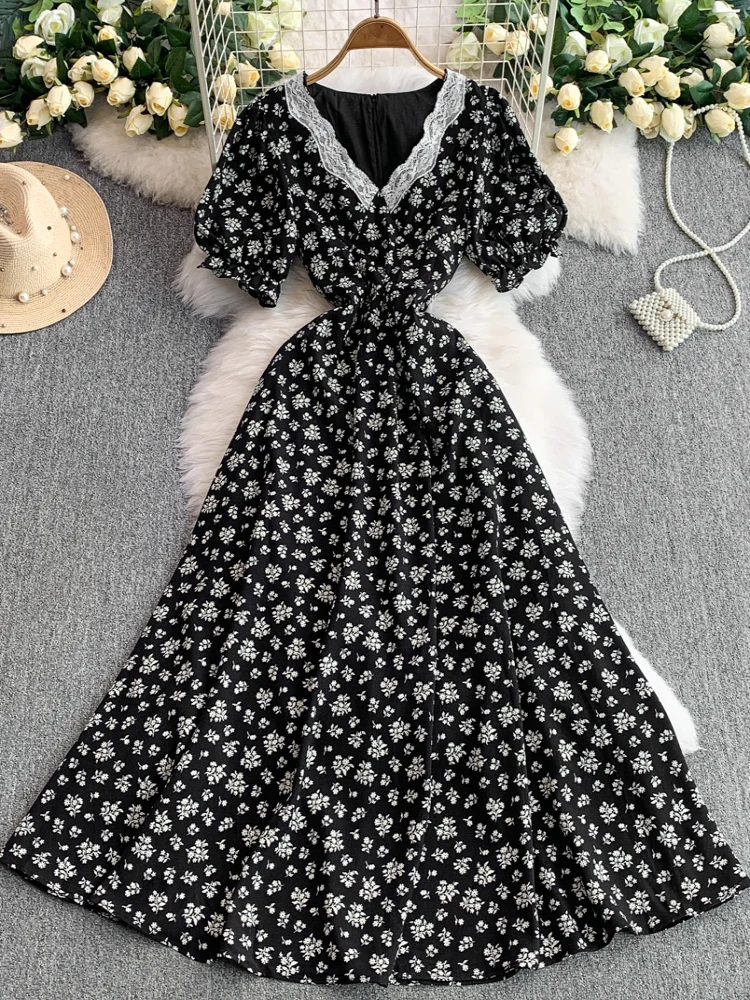 Red Floral Lace Splice V-ne Bubble Sve Dr Women's Summer Slimming Long Skirt High Waist A-line Midi Dr Korean Sle