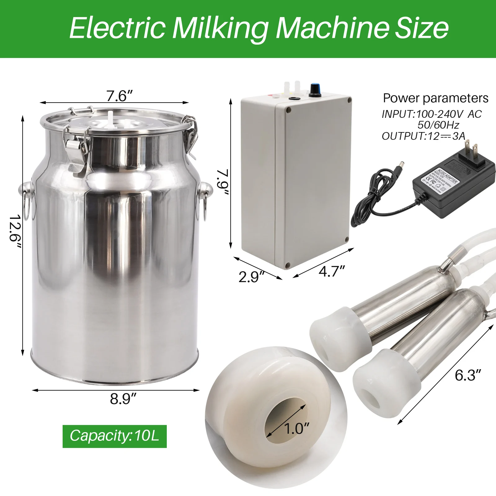 10L Electric Automatic Cattle Milking Machine 220V Goat Pulsating Milking Machine Stainless Steel Milker Bucket Vacuum Pump