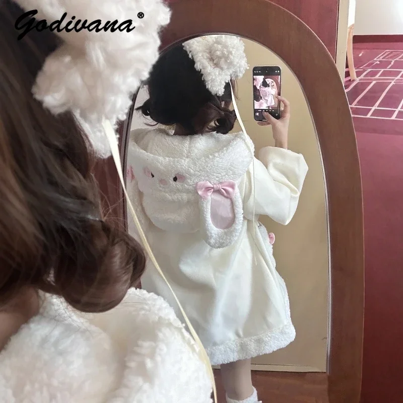 Lolita Winter Plush Warm Coat Female Girls Loose Cute Rabbit Ears Cotton-padded Coat Sweet Warm Jacket Outwear