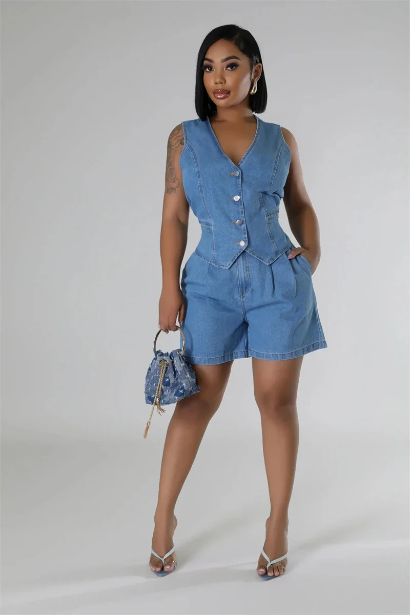 

Fashion Jean 2 Piece Sets Women Outfit Summer Clothes Women 2024 Sleeveless Jacket Top and Short Sets Denim Tracksuit Woman Sets