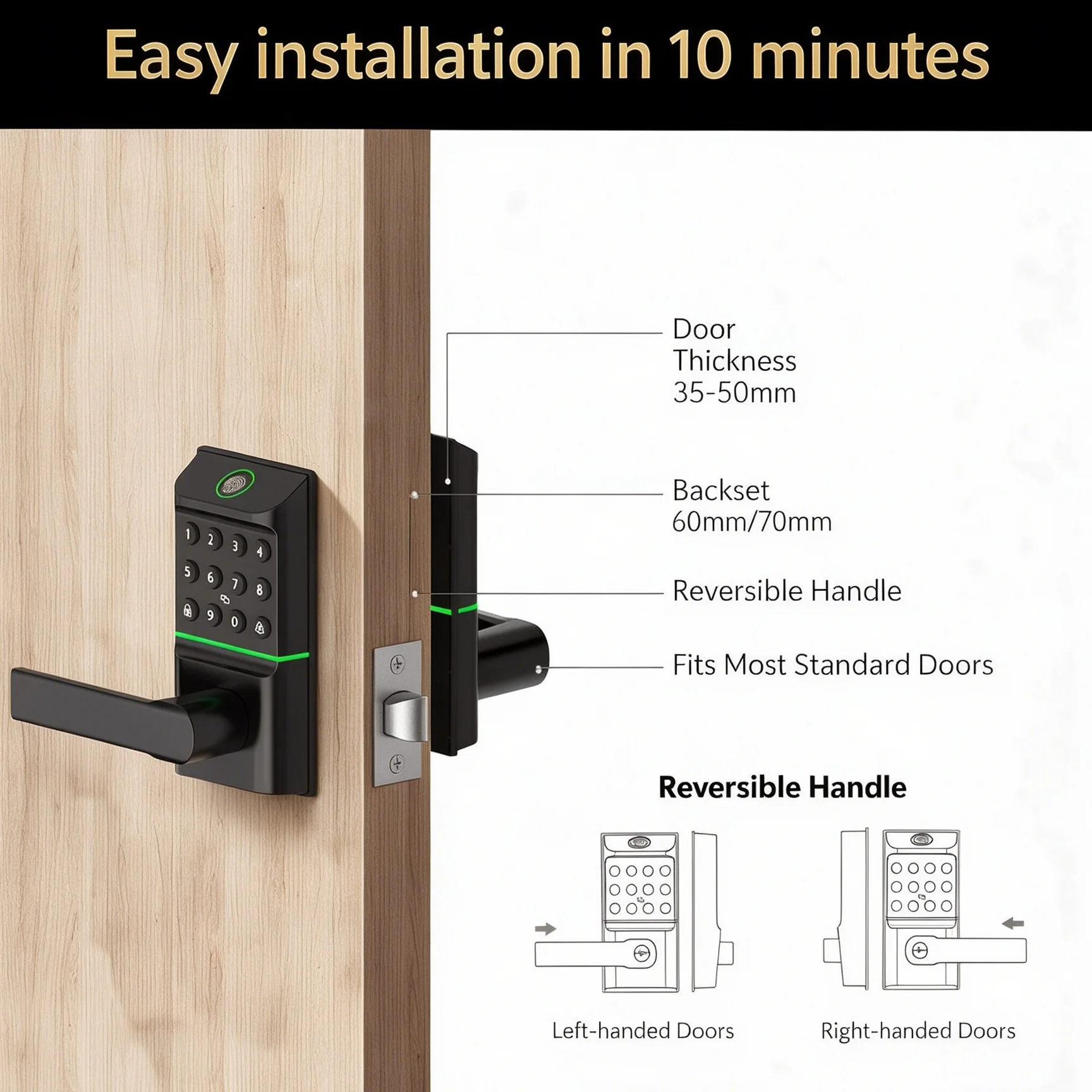 Smart Door Lock, Keyless Entry Electronic Deadbolt, Fingerprint Lock, APP Control, Compatible with Tuya, Smart Life, Smart Door Handle
