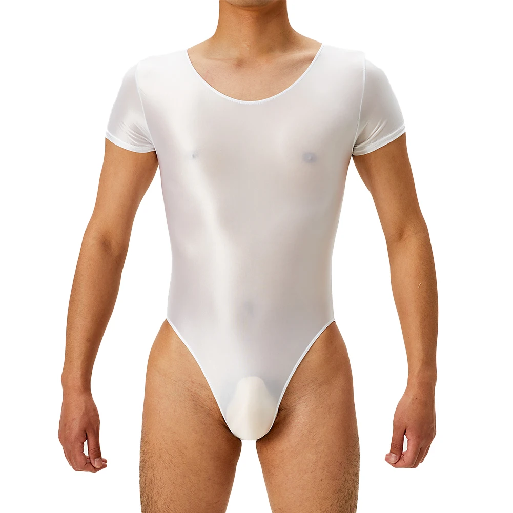 Men Bodysuit Short Sleeve Oil Shiny Glossy Tights High Elastic Shapers Leotard Underwear U Convex Pouch Panties Swimsuit