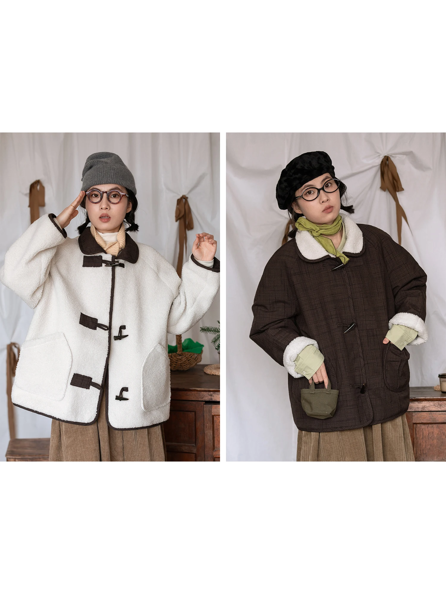

Double-Sided Wearable Thi Lamb Fur Coat Button Design Square Collar Retro Japanese Sle Women's Woolen Outerwear Jaet