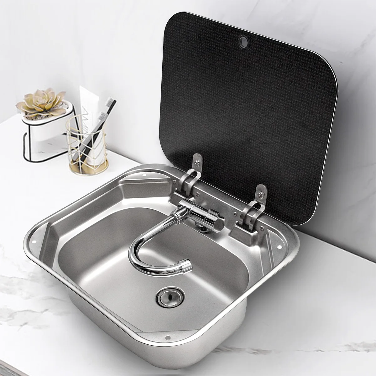 Single Square Bowl Stainless Steel RV Sink For Camper Motorhome Portable Caravan With Faucet And Glass For Minimalist Spaces