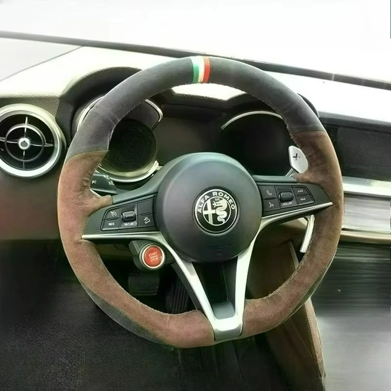 

For Alfa Romeo Giulia 2016-2019 Stelvio 2017 Hand Stitched renovation wear-resistant black brown suede car Steering wheel cover