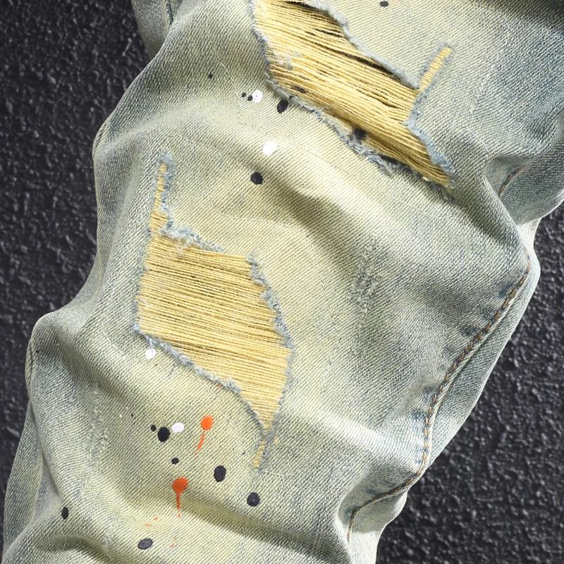 Street Fashion Designer Men Jeans Retro Washed Stretch Slim Fit Painted Ripped Jeans Men Y2K Vintage Casual Denim Pants Hombre