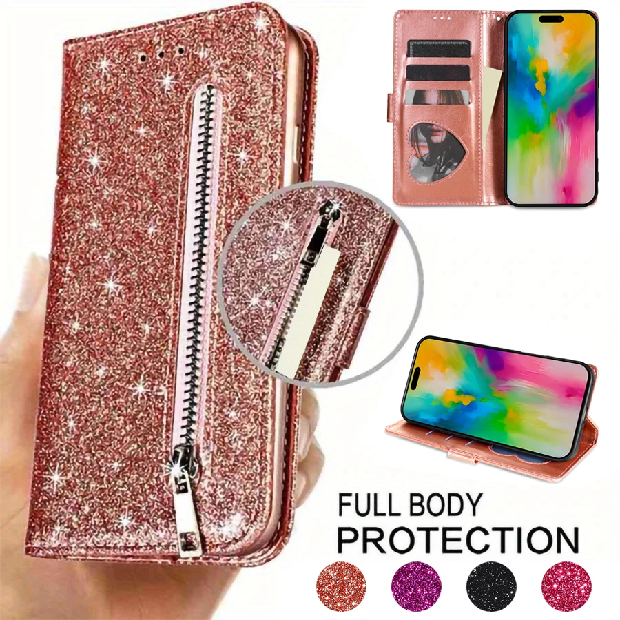 Brieftasche Glitzer Reißverschluss Magnetische Flip Ledertasche für iPhone 16 Pro Max SE 2025 15 Plus 14 Pro 13 mit Kartensteckplatz Handschlaufe Abdeckung