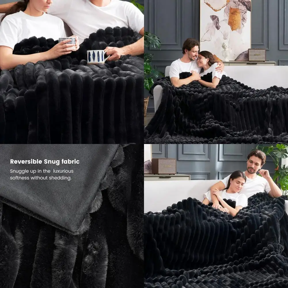 

Cozy Plush Striped Faux Fur Blanket, 90 x 90, Ideal for Sofa, Bedroom, Living Room in Black