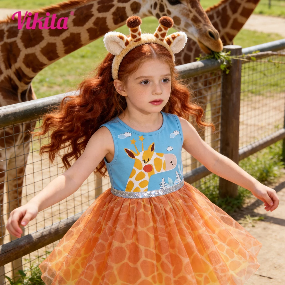 VIKITA Ärmelloses Sommerkleid aus Tüll mit Giraffenmuster für Kleinkinder, niedliches Cartoon-Tier, Orange, Party, Prinzessin, lässige Alltagsoutfits