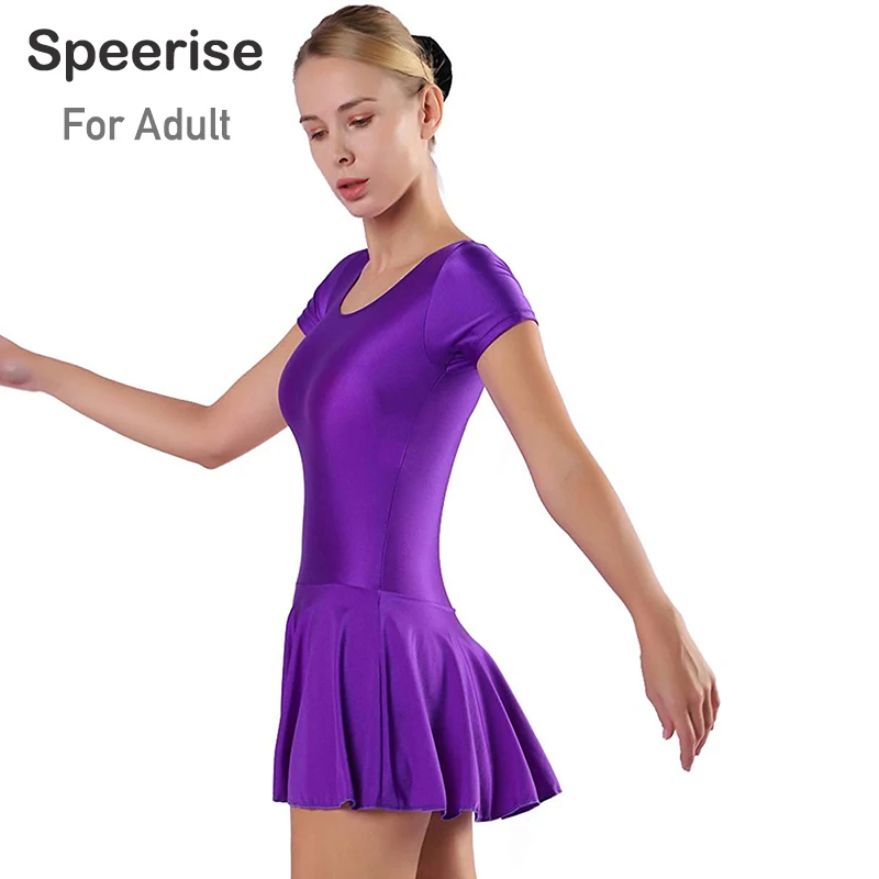 Adult Women Stretch Scoop Neck Dance Bodysuit Ballet Leotard with Skirts Short Sleeve Gymnastics One Piece Dancewear Plus Size