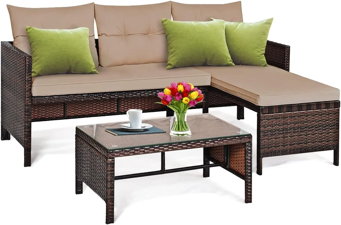 

3Piece Patio Furniture Set, Outdoor Rattan Sectional Sofa Set w/Seat Cushions, Coffee Table, Steel Frame Patio Wicker Rattan Set