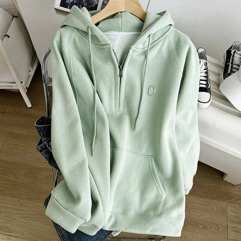 Sweatshirts for Women Baggy Pullovers with Zipper Embroidered Plain Tops Full Zip Up Hooded Female Clothes Loose Hoodies Emo M E