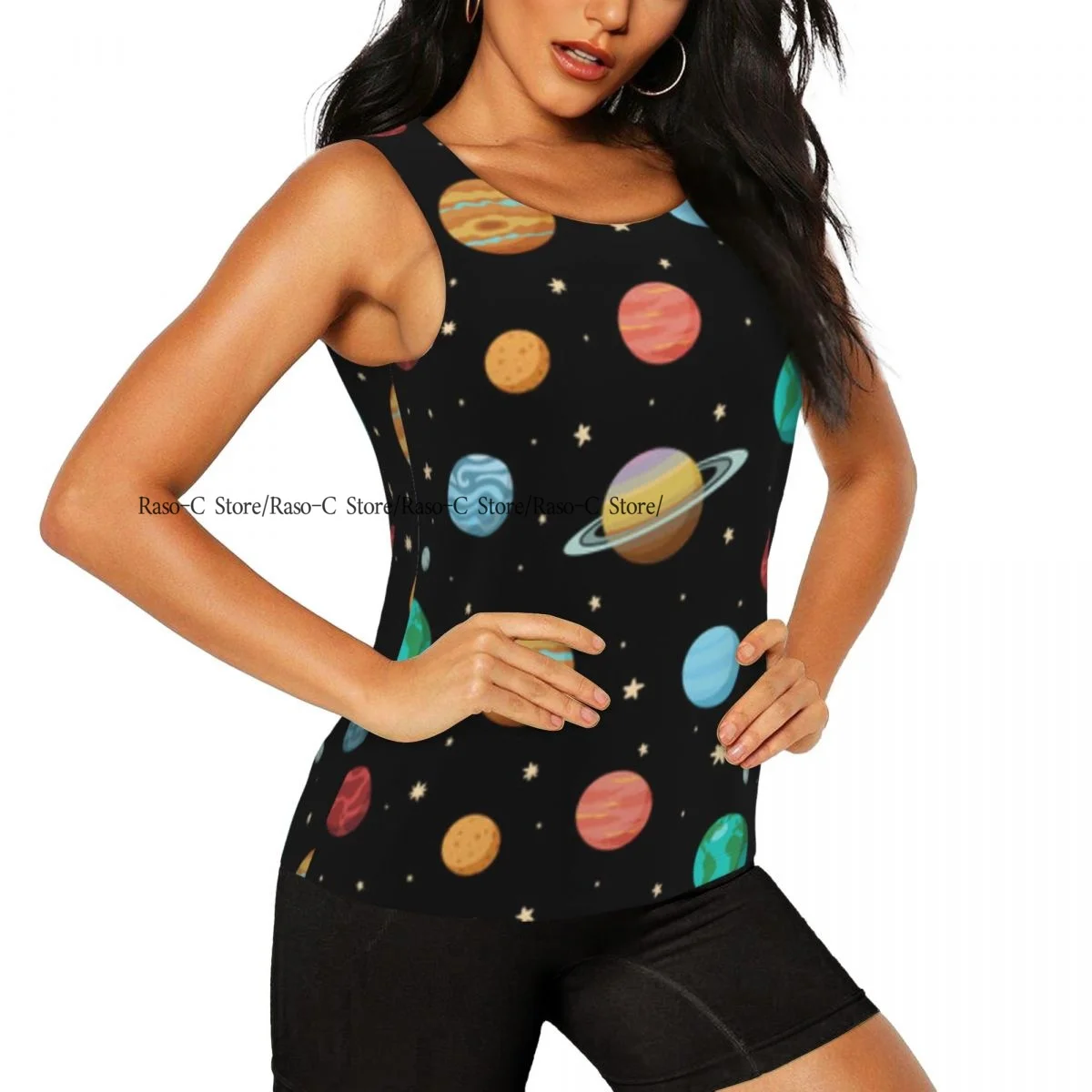 Women Sexy Vest Solar System Planets Space Pattern Sleeveless Round Neck Tank Tops Female Casual Basic Camisole
