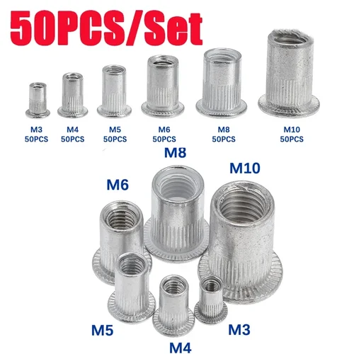 Imagen 2 del producto Juego de tuercas de remache de aleación de aluminio, inserto de remache roscado de cabeza plana, surtido de tuercas de remache M3/4/5/6/8/10/12, 100/50/20 piezas