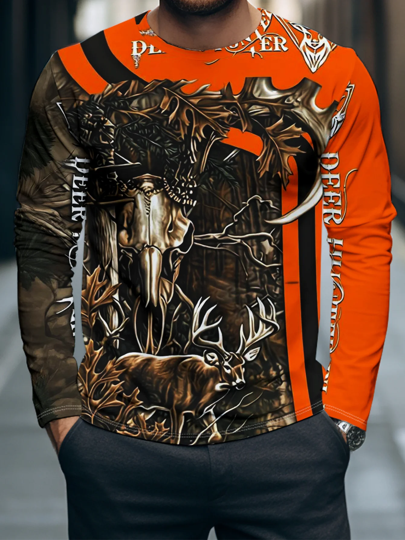 New Arrivals Vibrant Deer Skull Hunting Print Long Sleeve T Shirt Unisex Crew Neck Non Casual Top for Outdoor Wilderness Hunting