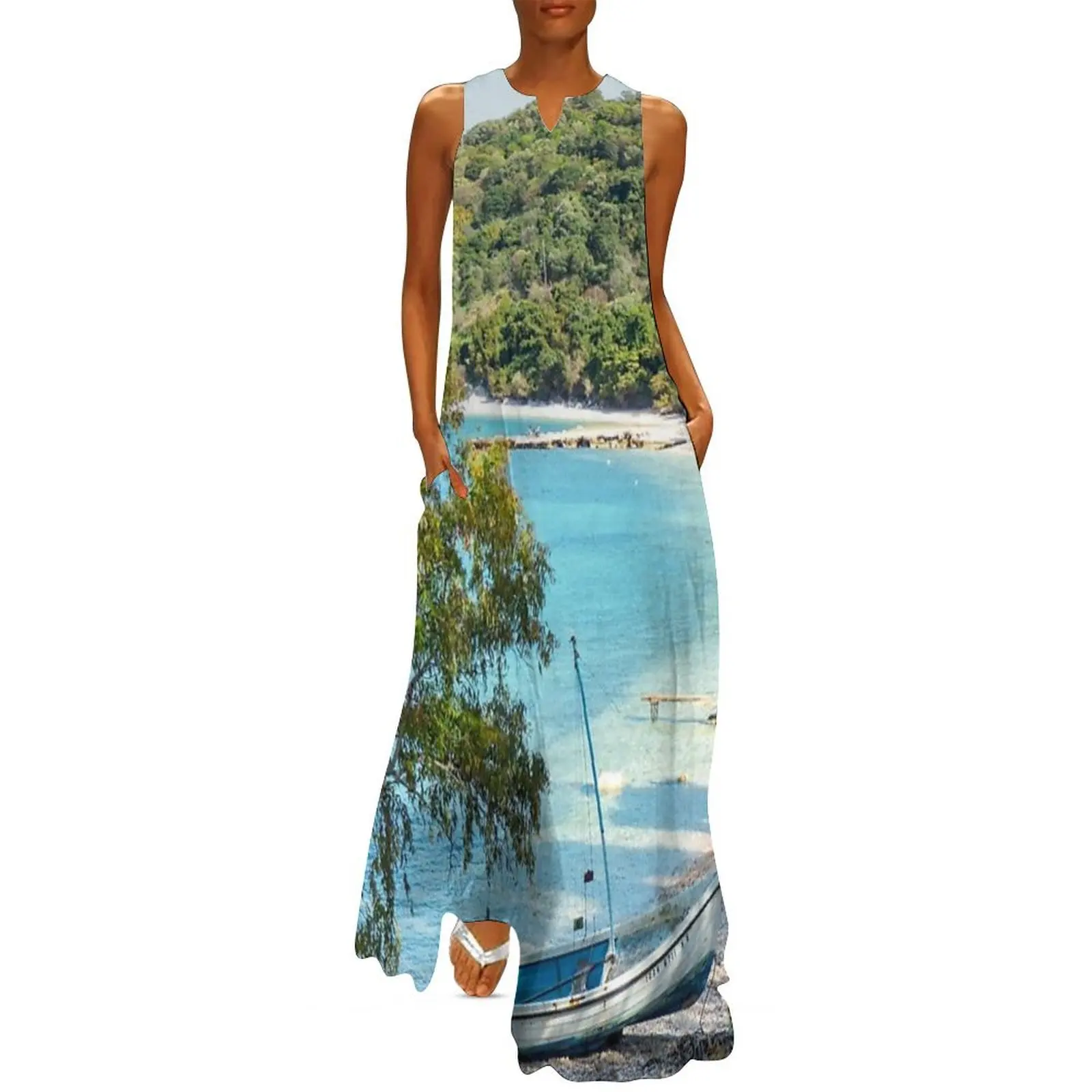 

Blue and White Greek Fishing Boat on an Idylic Beach, Corfu Island, Greece Long Dress women clothes