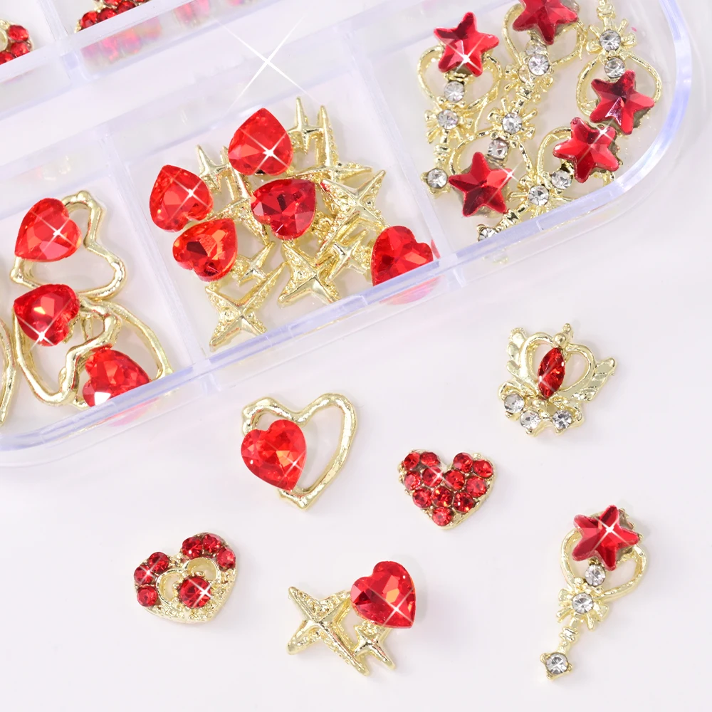 30 Piezas de Adornos de Uñas con Diamantes de Imitación en Forma de Corazón con Incrustaciones de Diamantes Rojos, Decoración de Uñas con Pedrería Dorada Brillante en 3D, Regalo de San Valentín para Niñas