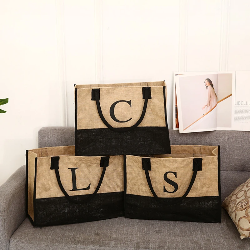 

Travel Organizer Bags Lady Natural Jute Shopping Tote Reusable Burlap Beach Bag with Soft Cotton Handle Letter Summer Handbags