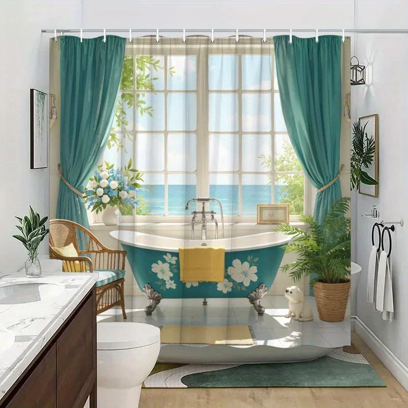 

YXVintage Прибрежная занавеска для душа — бирюзовая ванна с когтями на ножках и вид на океане, цветочные акценты, полиэстер, легко ухоживает, спа-оазис