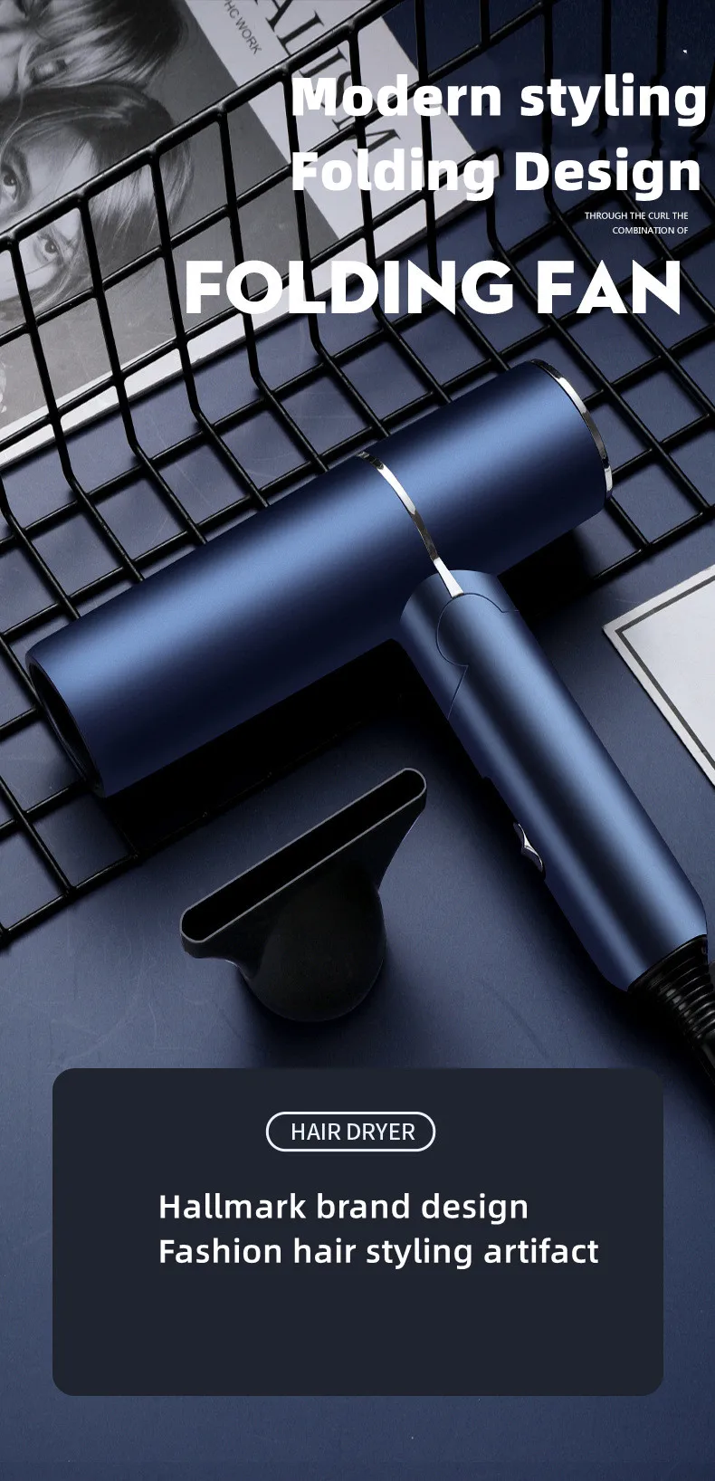 New Foldable Hair Dryer Blue Light Negative Ion Hair Care 1200W High Power Fast Drying Home Student Dormitory Travel Hair Dryer