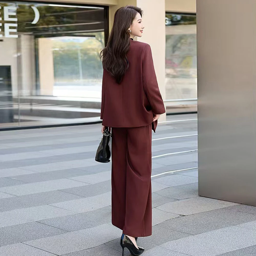 TWOTWINSTYLE Burgundy Two Piece Sets For Women Square Collar Long Sleeve Coats High Waist Straight Pant Casual Set Female New