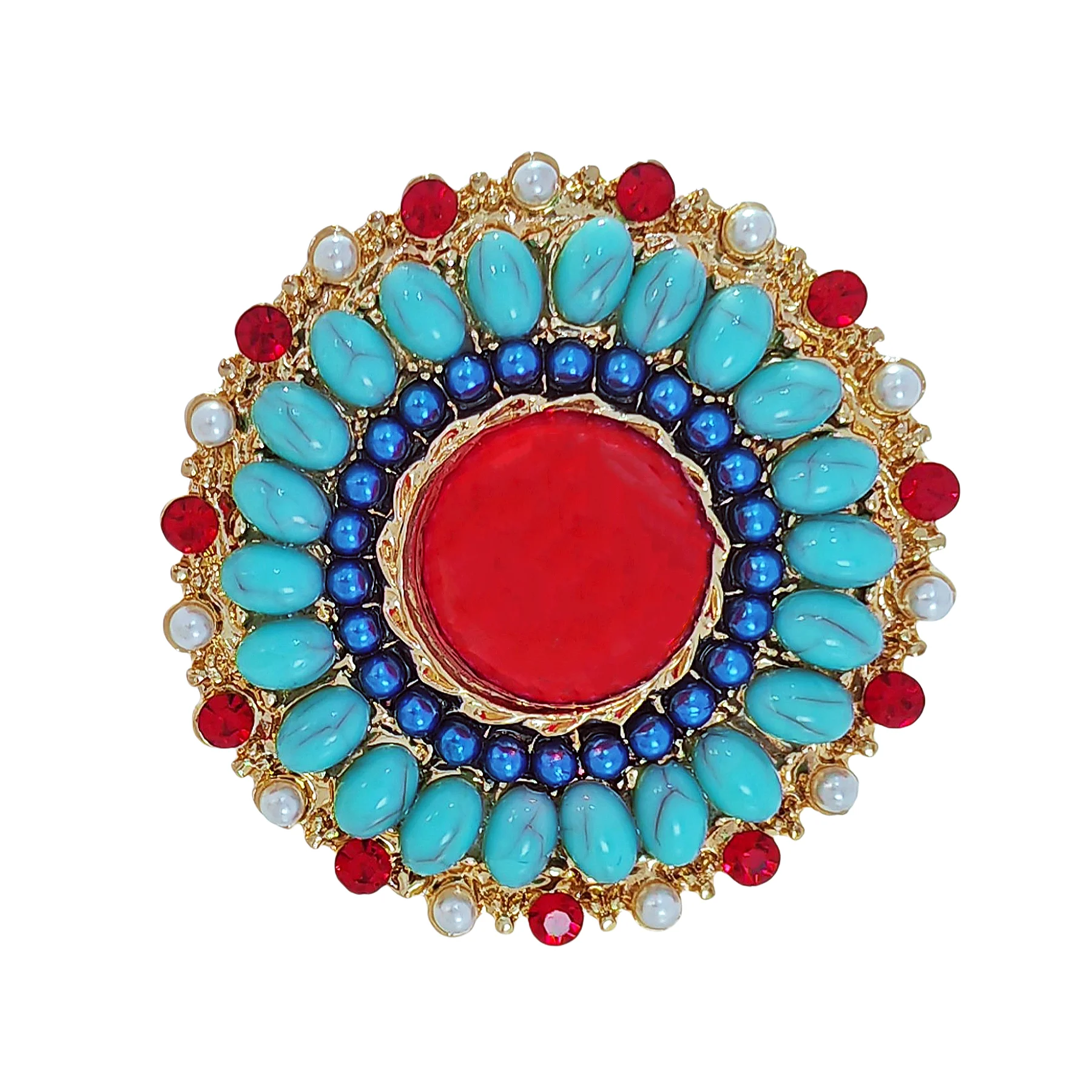 

Vintage Style Red and Turquoise Round Art Deco Brooch Pin Sunflower Jewelry