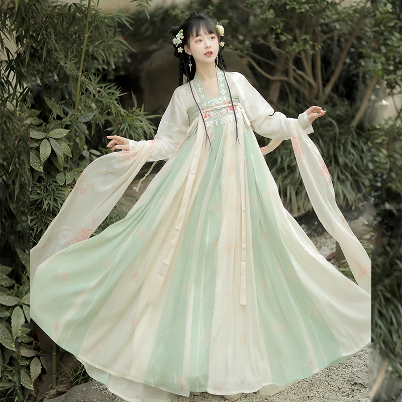 المرأة الأصلية Hanfu تانغ سلالة مستوحاة Qixiong Ruqun الزي النمط الصيني ربيع الخريف ارتداء اليومي مع الأشرطة الكتف