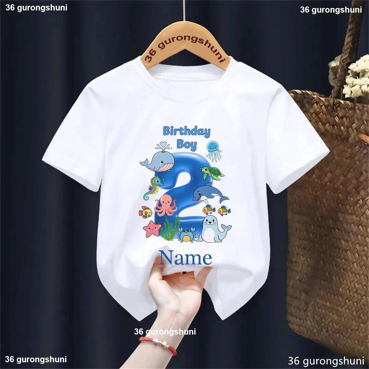 Personalized Name Ocean Themed Boy Birthday Party T-Shirt, Boys Birthday Tee Printed Whales, Starfish, and Turtles T-Shirt Gift
