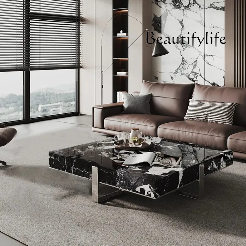 Italian Minimalist Square Coffee Table, Black White Stone Top, Heat-Resistant & Easy Clean, Sturdy Compact Designer Set