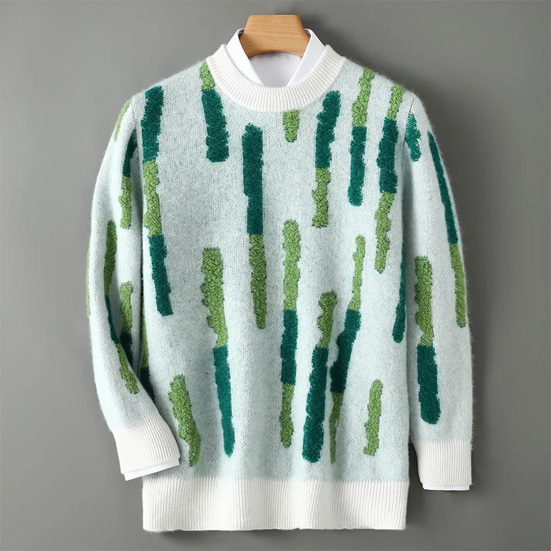 100%Pure Wool Men's Round Neck Fashionable Casual Sweater Contrasting Vertical Stripes Double Stranded Thick Knit Sweater