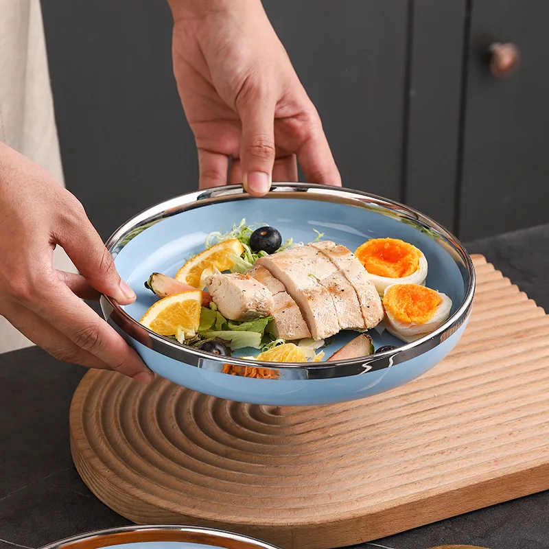 Silver Edged Blue Porcelain Dinner Plates Kitchen Dishes Ceramics Tableware Food Tray Rice Salad Noodles Bowl Cutlery Set