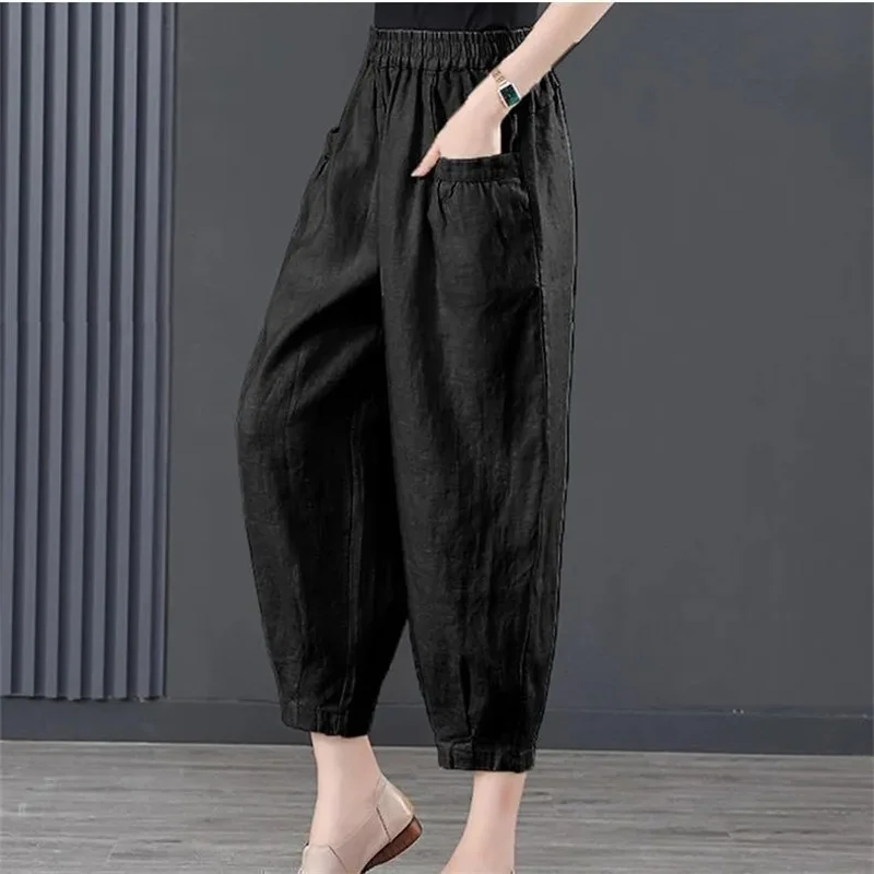 Pantalon sarouel en coton et chanvre pour femmes, ample, couleur unie, court, décontracté, neuf points, carotte, été 2025, pour maman