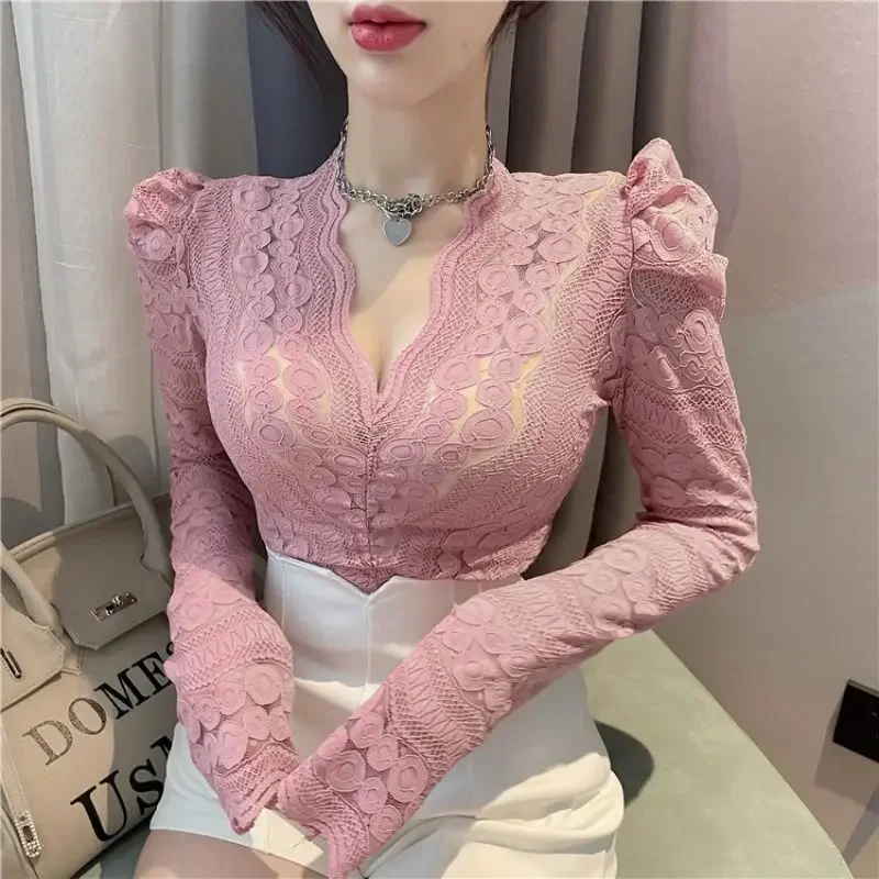 

Thin/Thick Autumn Winter New Puff Sleeved Bottoming Shirt Women Long Sleeved V-neck Top Solid Color Lace Tshirt