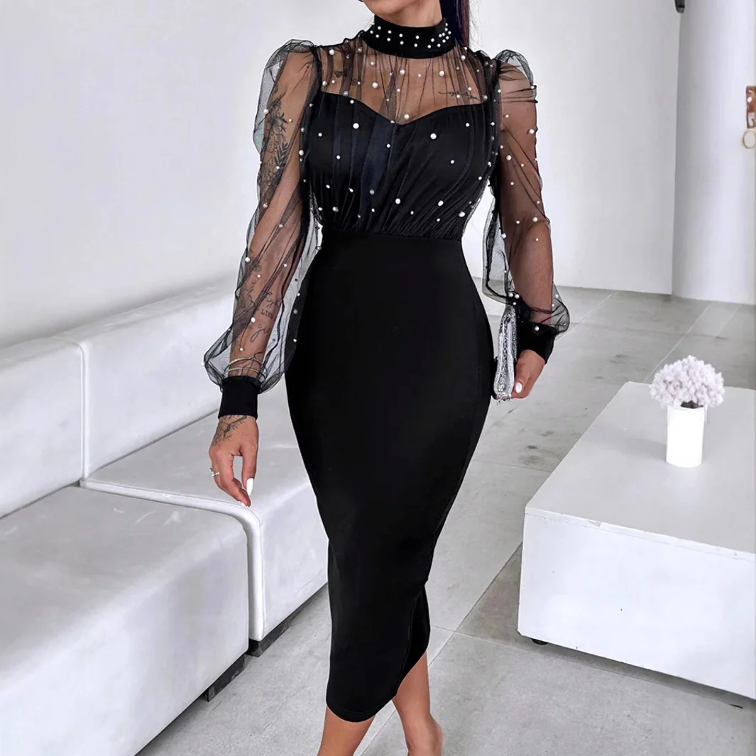 

Sexy Solid Color Gauze Bead Nail Slim Long Sleeve Hip-cover Skirt Women 2025 Summer Elegant Round Neck Hip-cover Skirt For Women