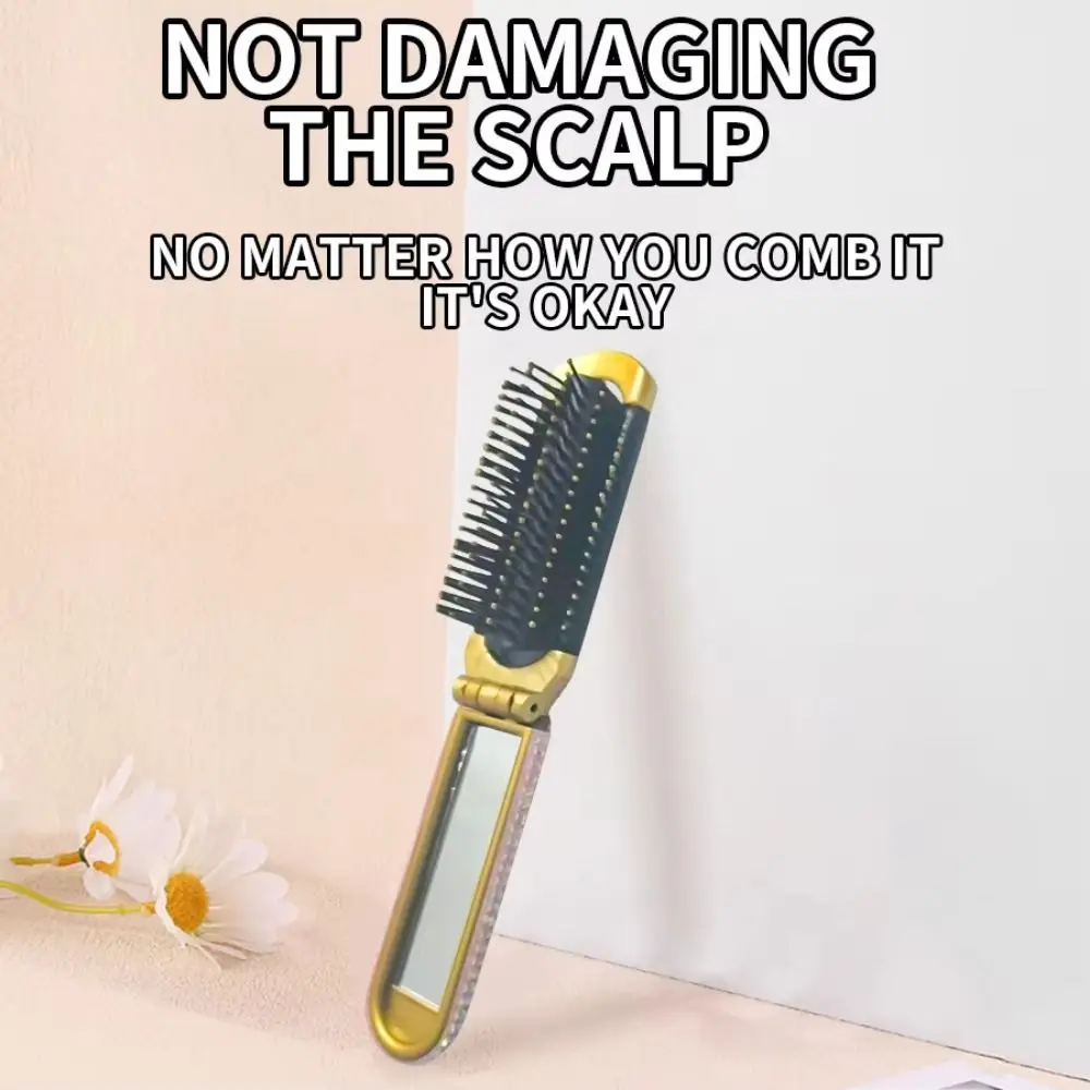 2 in 1 Folding Hair Brush Crystal-Encrusted Folding Rhinestone Hair Comb with Mirror Portable Air Cushion Comb Travel-Friendly