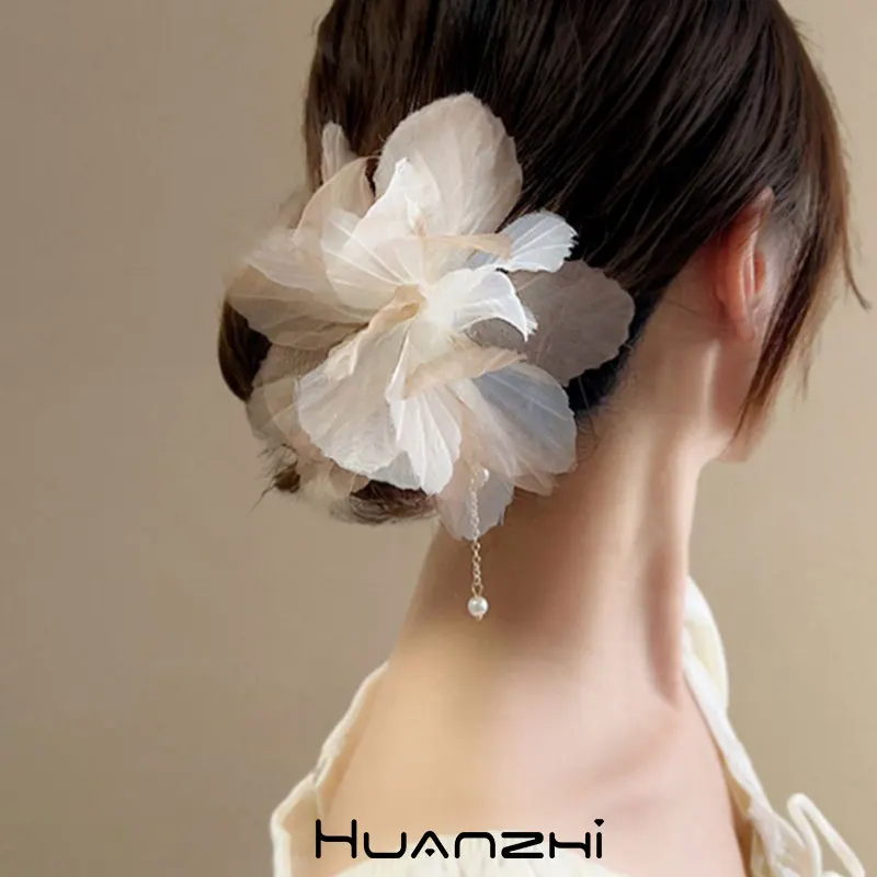 Elegant Retro Silk Yarn Flower Pearl Pendant Hairstick for Women Chinese Style Hair Accessories Hairpin HUANZHI 2024 NEW