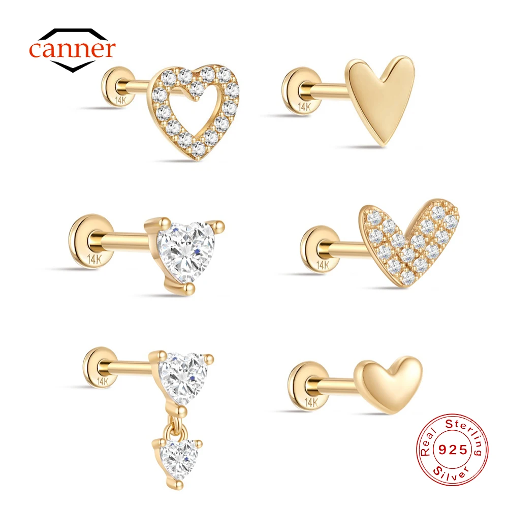 CANNER 5/6/8MM 14k Solid Gold Love Heart-Shaped CZ Piercing Earrings For Women Simple Puncture Jewelry Valentine's Day Gift