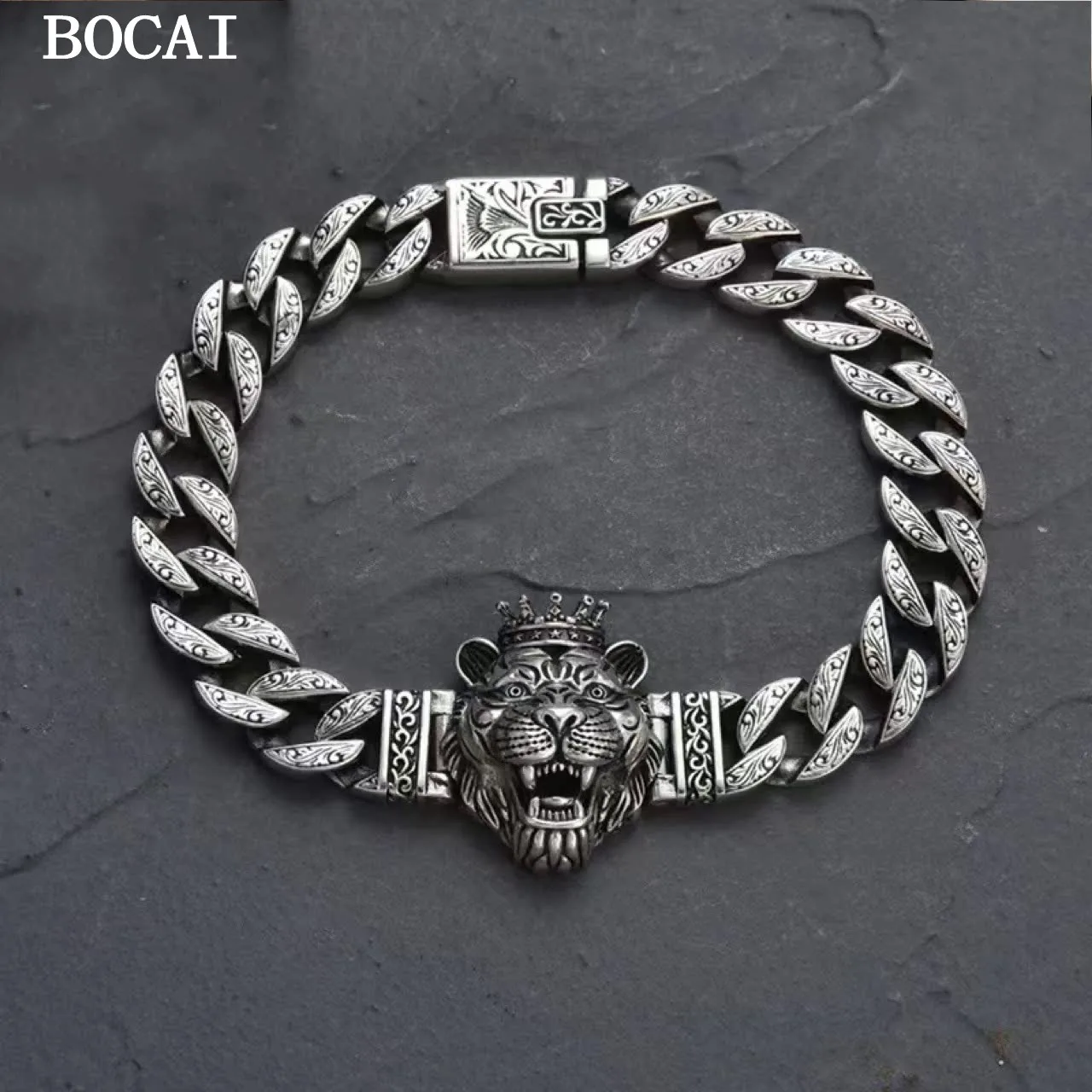 BOCAI S925 Silver Retro Dominance Personality Rattan Pattern Rotatable Lion Tiger Head Men's Bracelet