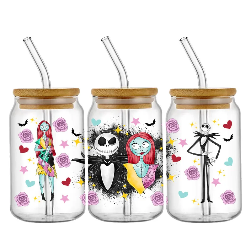 Autocollants de transfert de tasse UV DTF, pour verre, Jack et Sally, décalcomanies de transfert pour tasses en verre de 16OZ, meubles, artisanat en bois