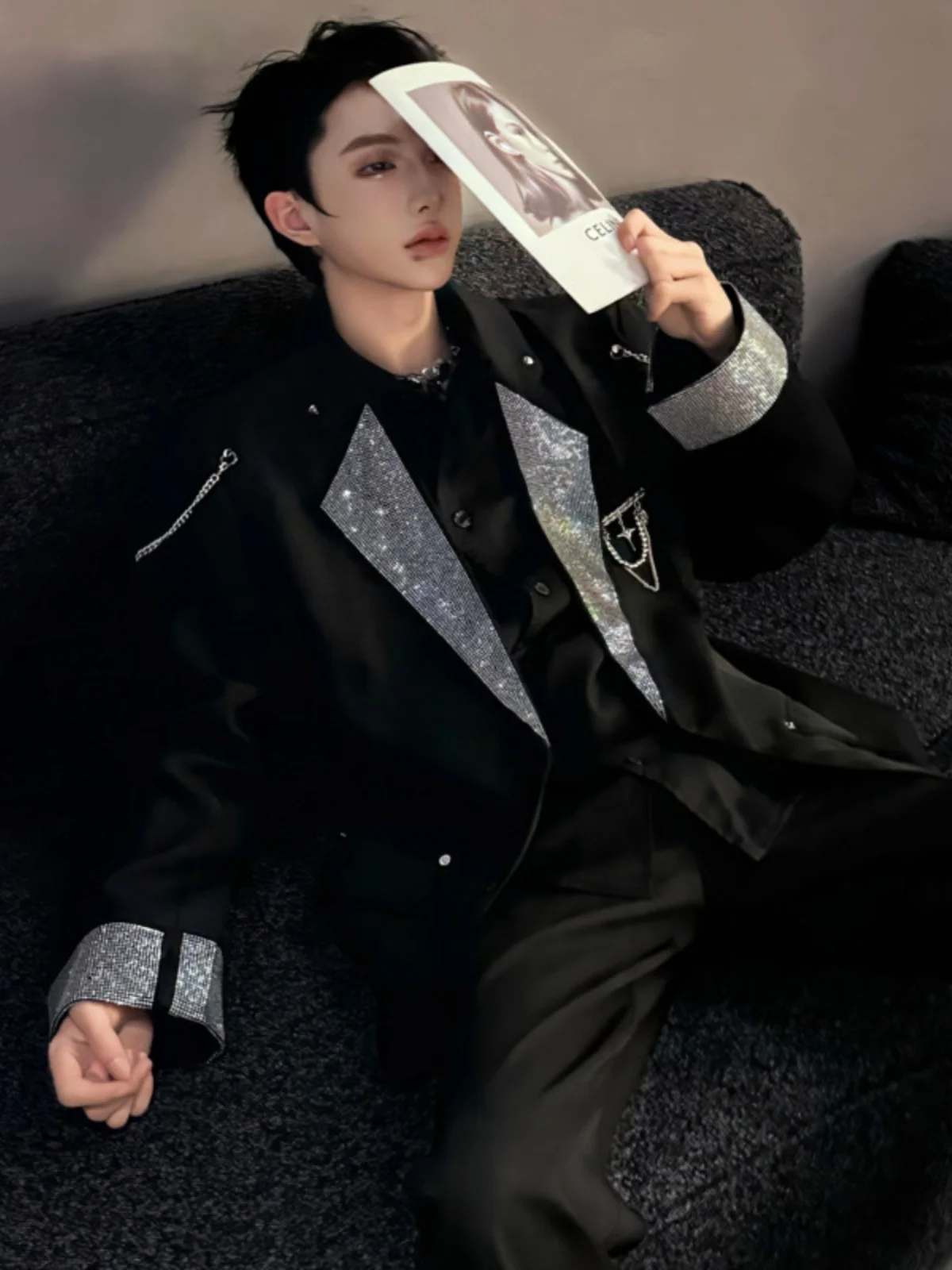 

Ele Bla Rhinestone Men's Suit Jaet oulder Pad Design Spring Autumn Faion Model Casual Wear Comfortable Fit