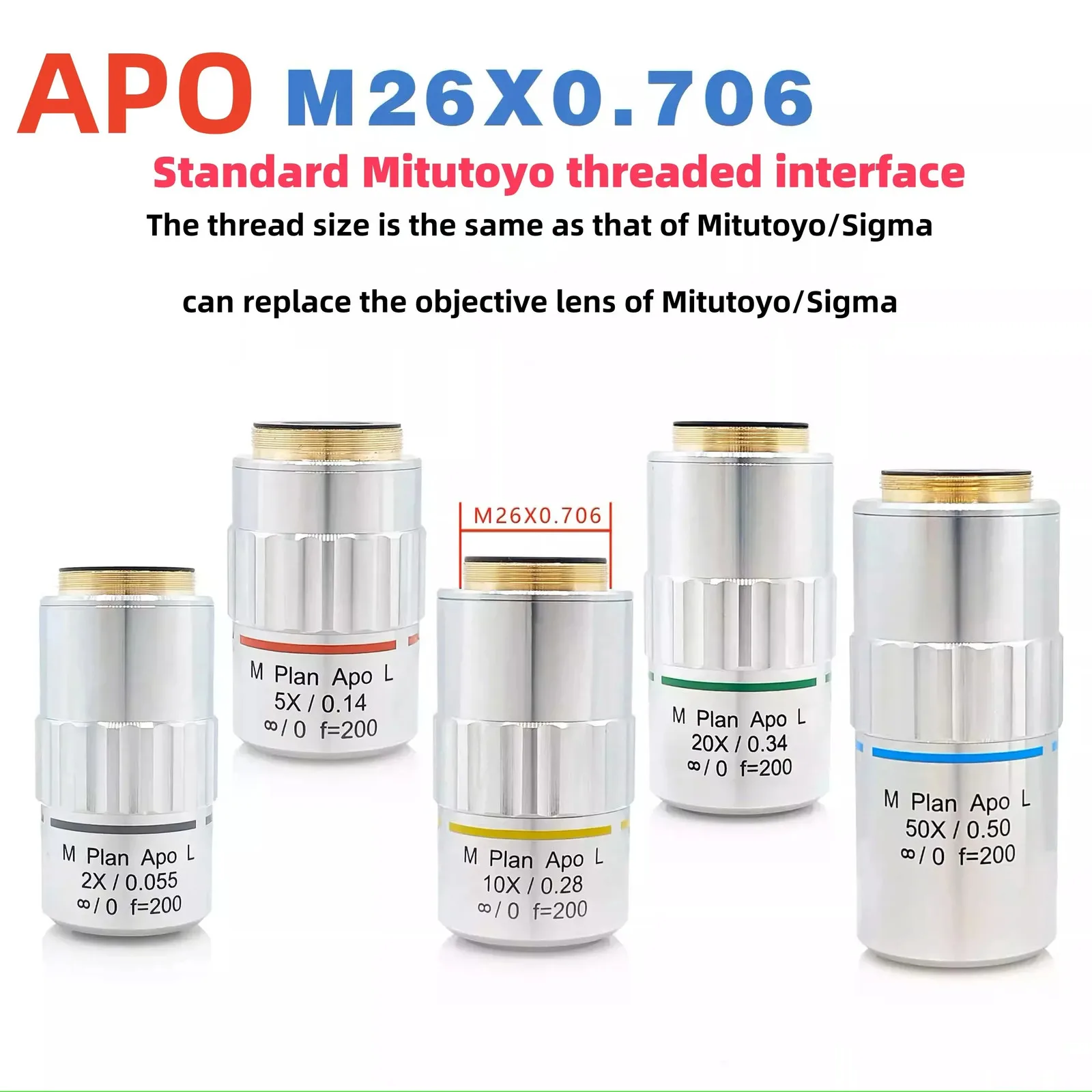 M26 Plan APO Metallurgical Objective 2X-50X Infinity-Corrected Extra Long Working Distance Microscope Objective F=200 95mm