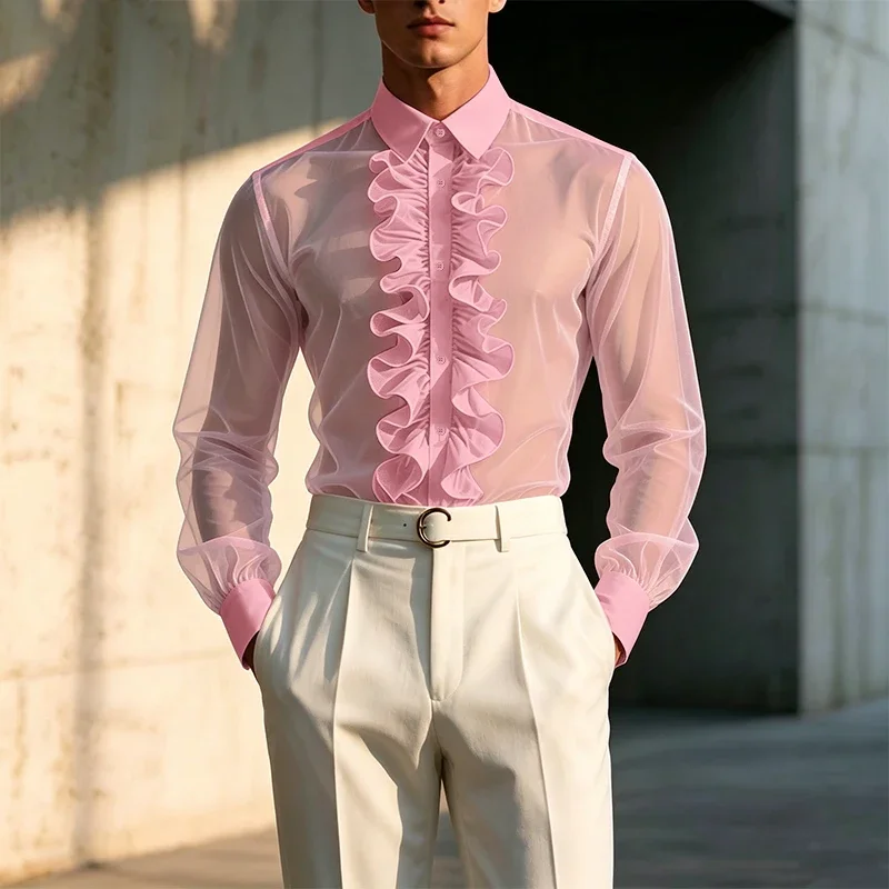 Men's Shirt Mesh Patchwork See Through Lapel Long Sleeve Men Clothes INCERUN Streetwear Ruffle 2026 Fashion Casual Tops Camisas